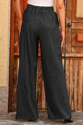 Chambray Drawstring Waist Wide-Leg Trousers