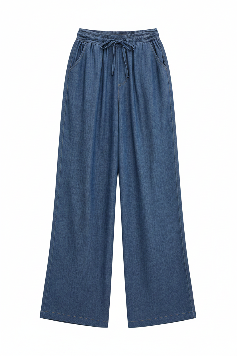 Chambray Drawstring Waist Wide-Leg Trousers