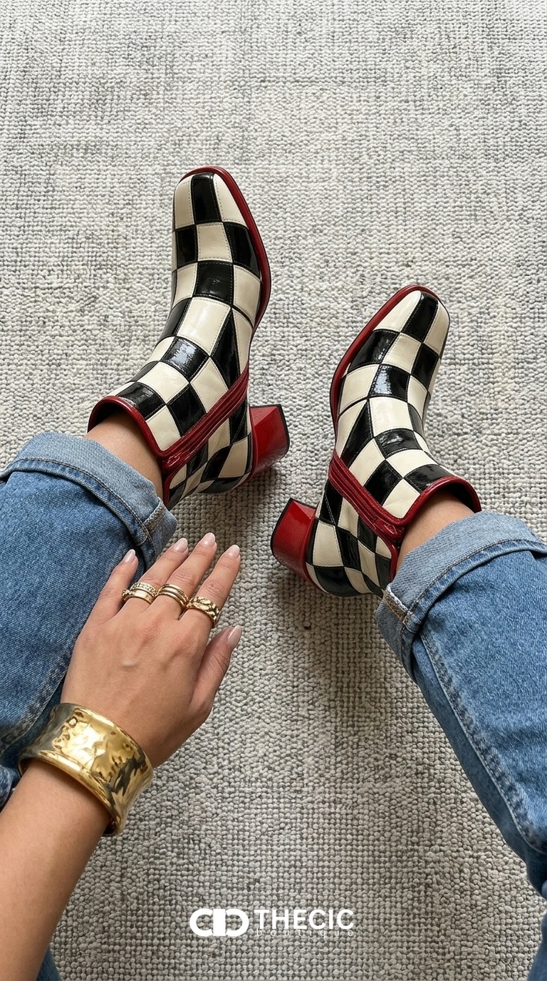 Checkerboard Square-Toe Block Heel Ankle Boots