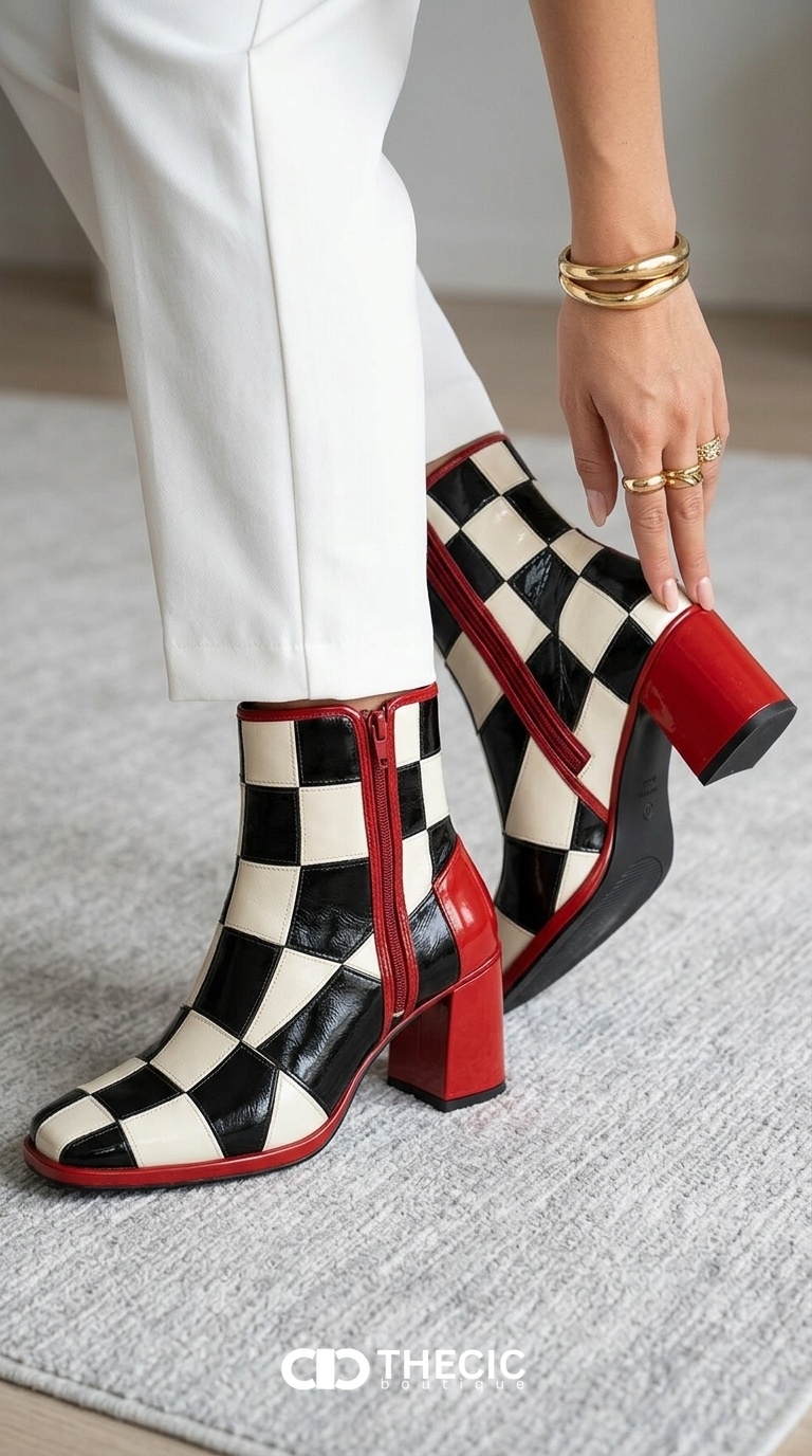 Checkerboard Square-Toe Block Heel Ankle Boots