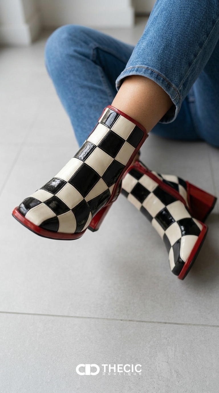 Checkerboard Square-Toe Block Heel Ankle Boots