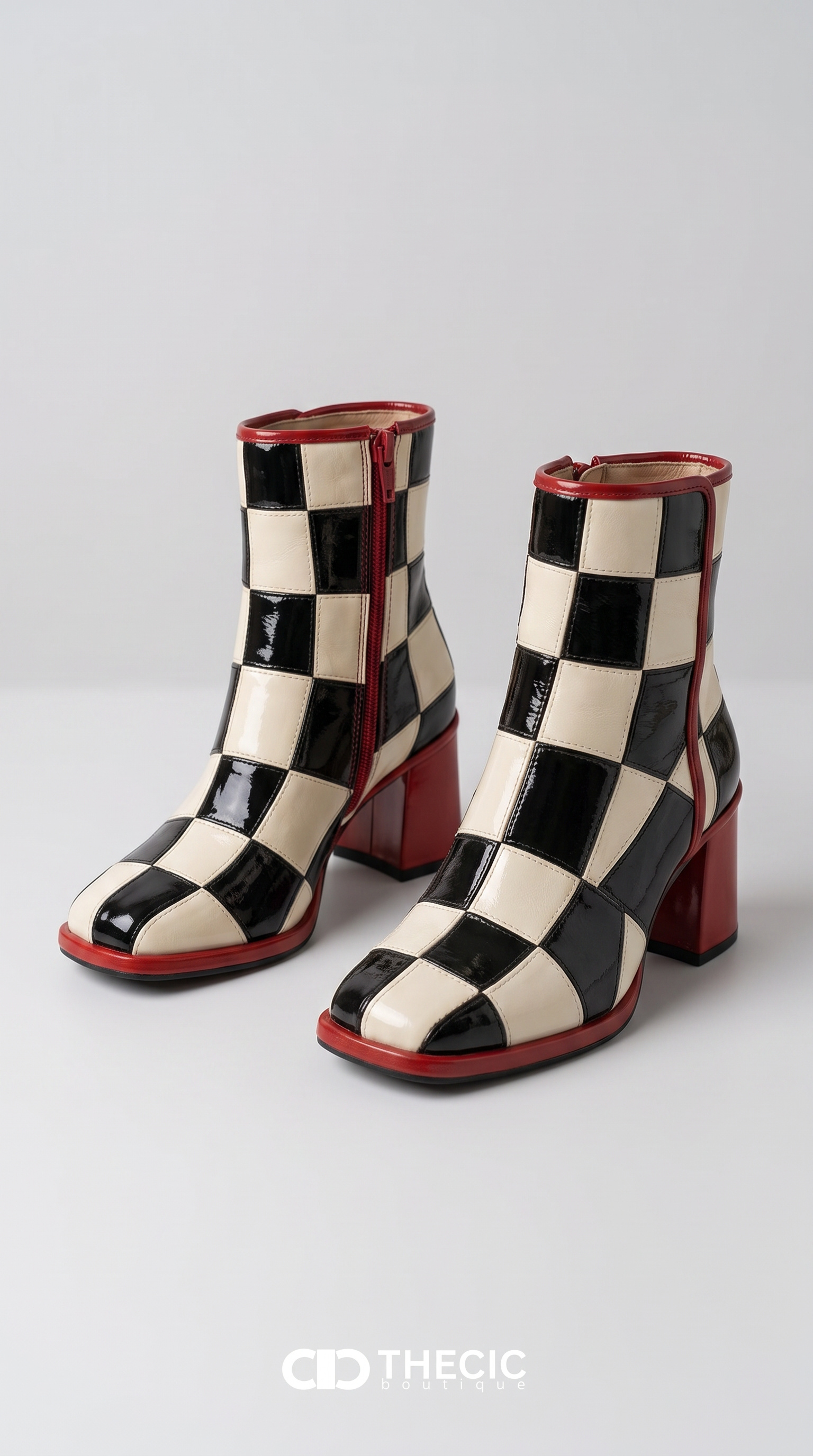 Checkerboard Square-Toe Block Heel Ankle Boots