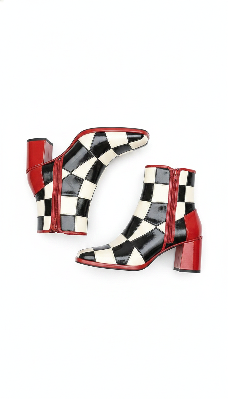 Checkerboard Square-Toe Block Heel Ankle Boots