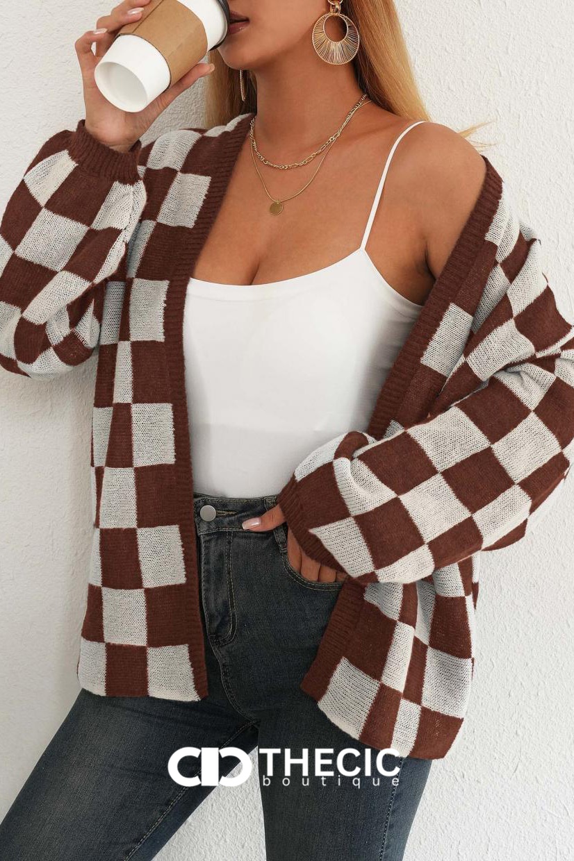 Checkered Knit Balloon Sleeve Cardigan