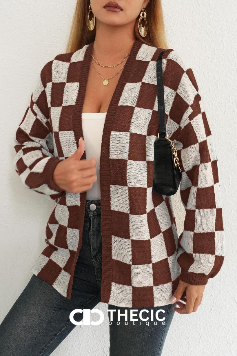 Checkered Knit Balloon Sleeve Cardigan