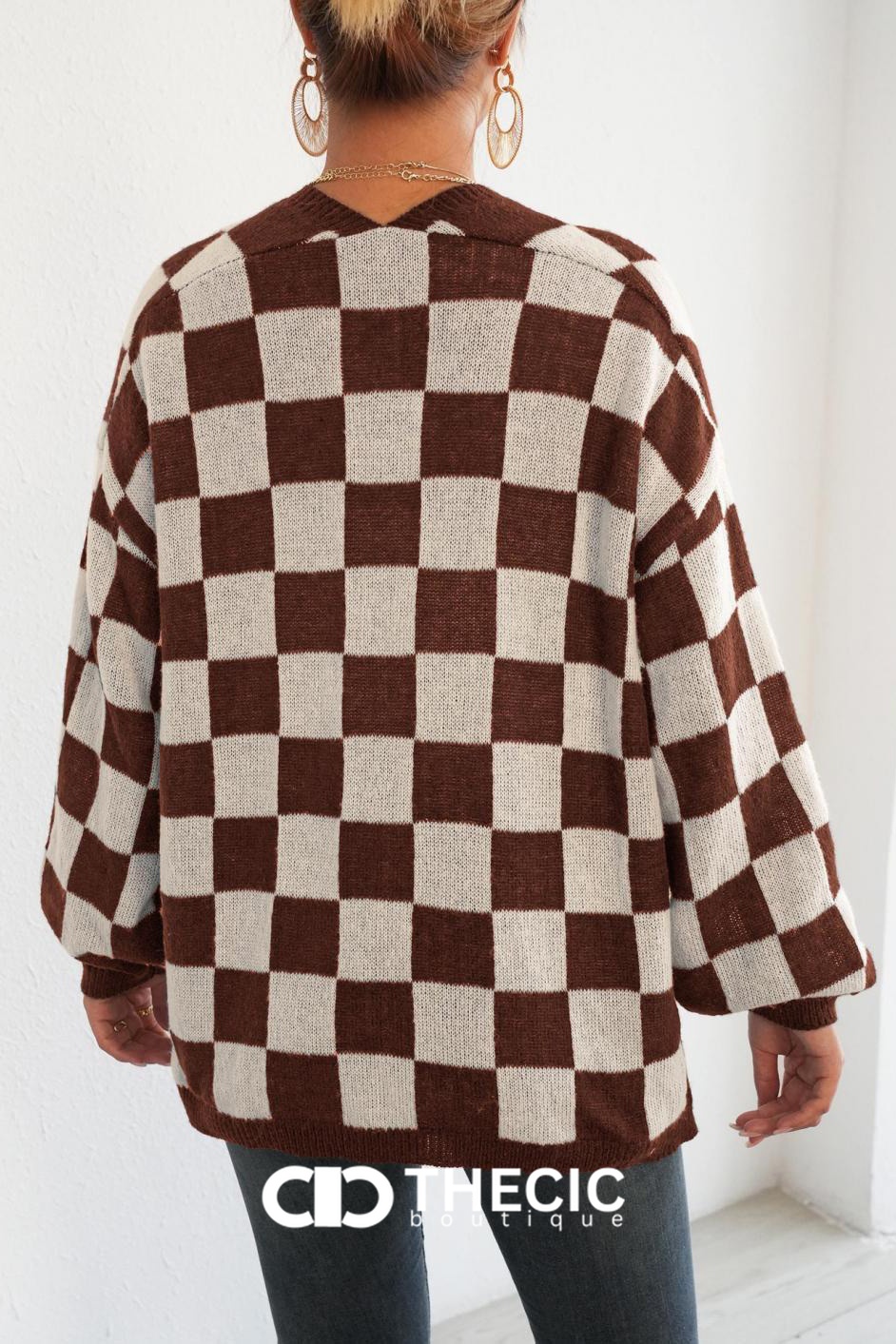 Checkered Knit Balloon Sleeve Cardigan