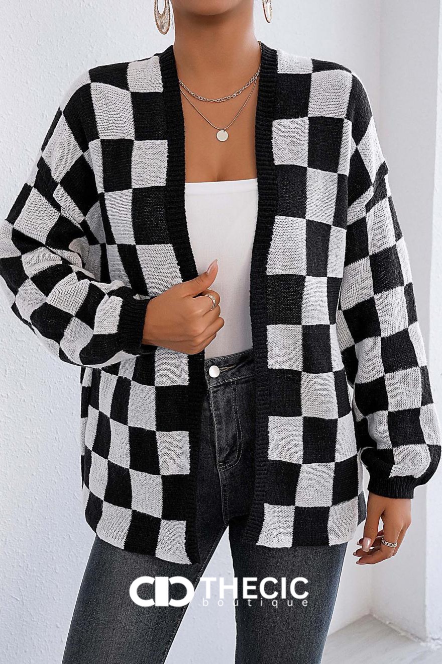 Checkered Knit Balloon Sleeve Cardigan