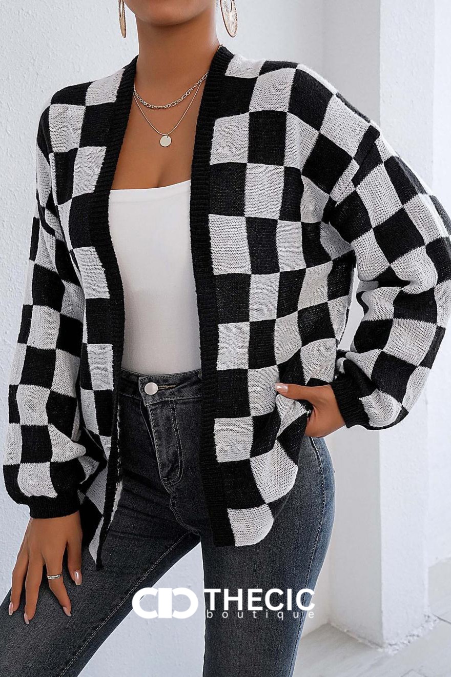 Checkered Knit Balloon Sleeve Cardigan