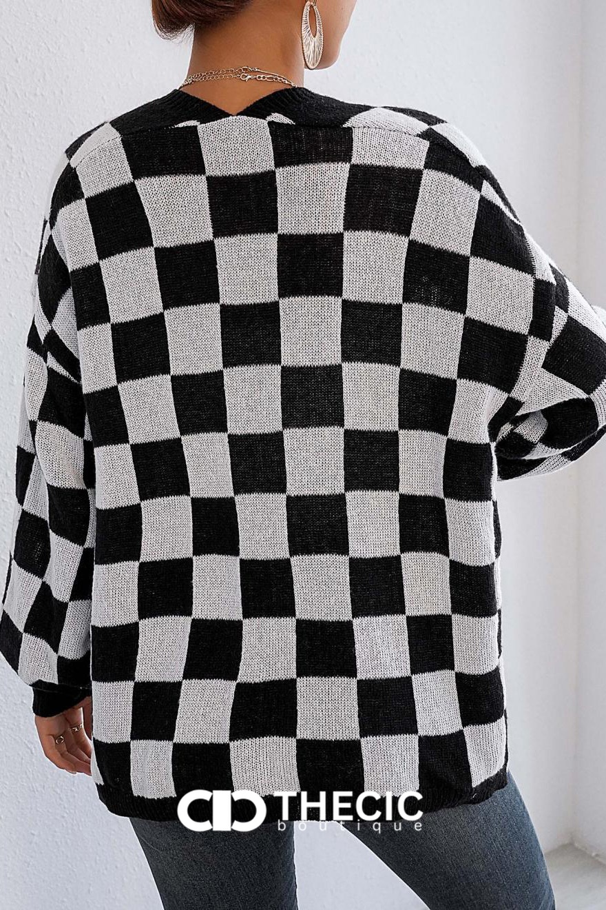 Checkered Knit Balloon Sleeve Cardigan