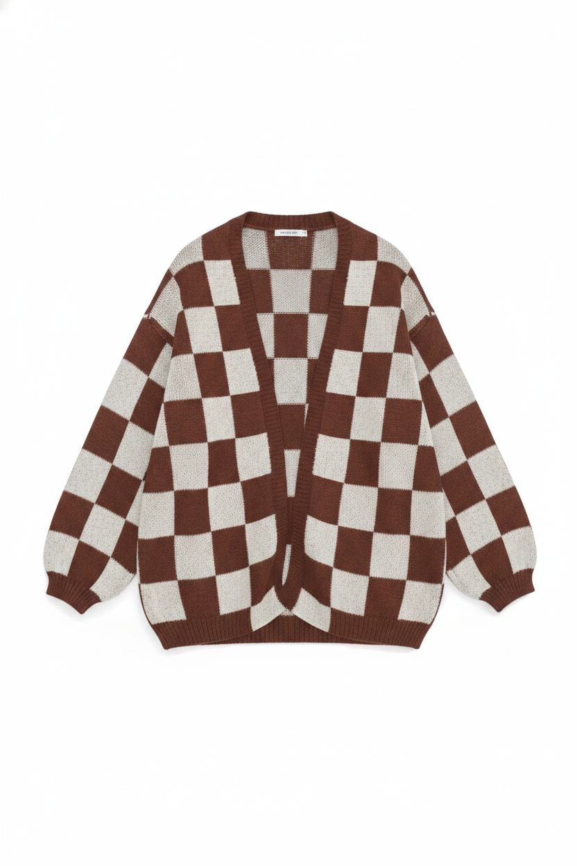 Checkered Knit Balloon Sleeve Cardigan