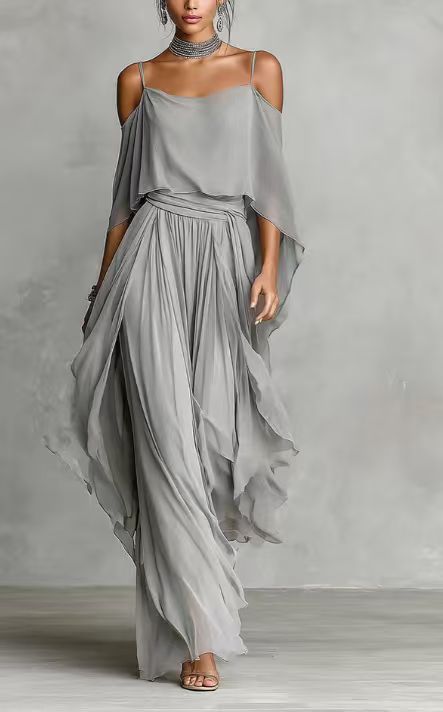 Chiffon Draped Off-Shoulder Suspender wide-leg pants Suit