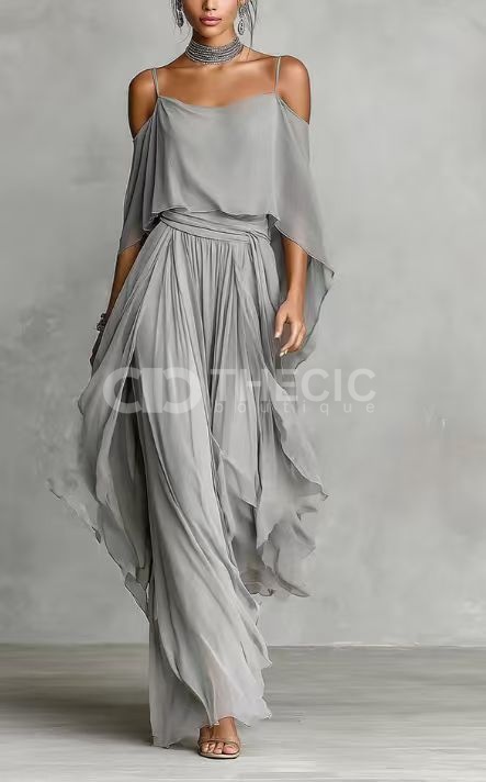 Chiffon Draped Off-Shoulder Suspender wide-leg pants Suit