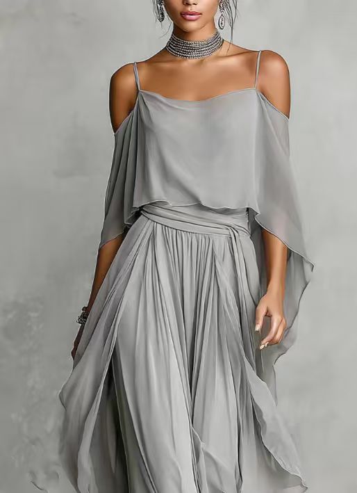 Chiffon Draped Off-Shoulder Suspender wide-leg pants Suit