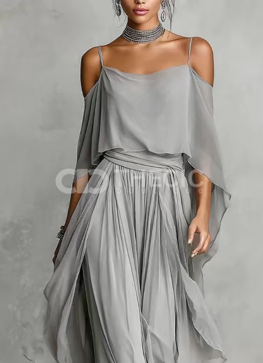 Chiffon Draped Off-Shoulder Suspender wide-leg pants Suit
