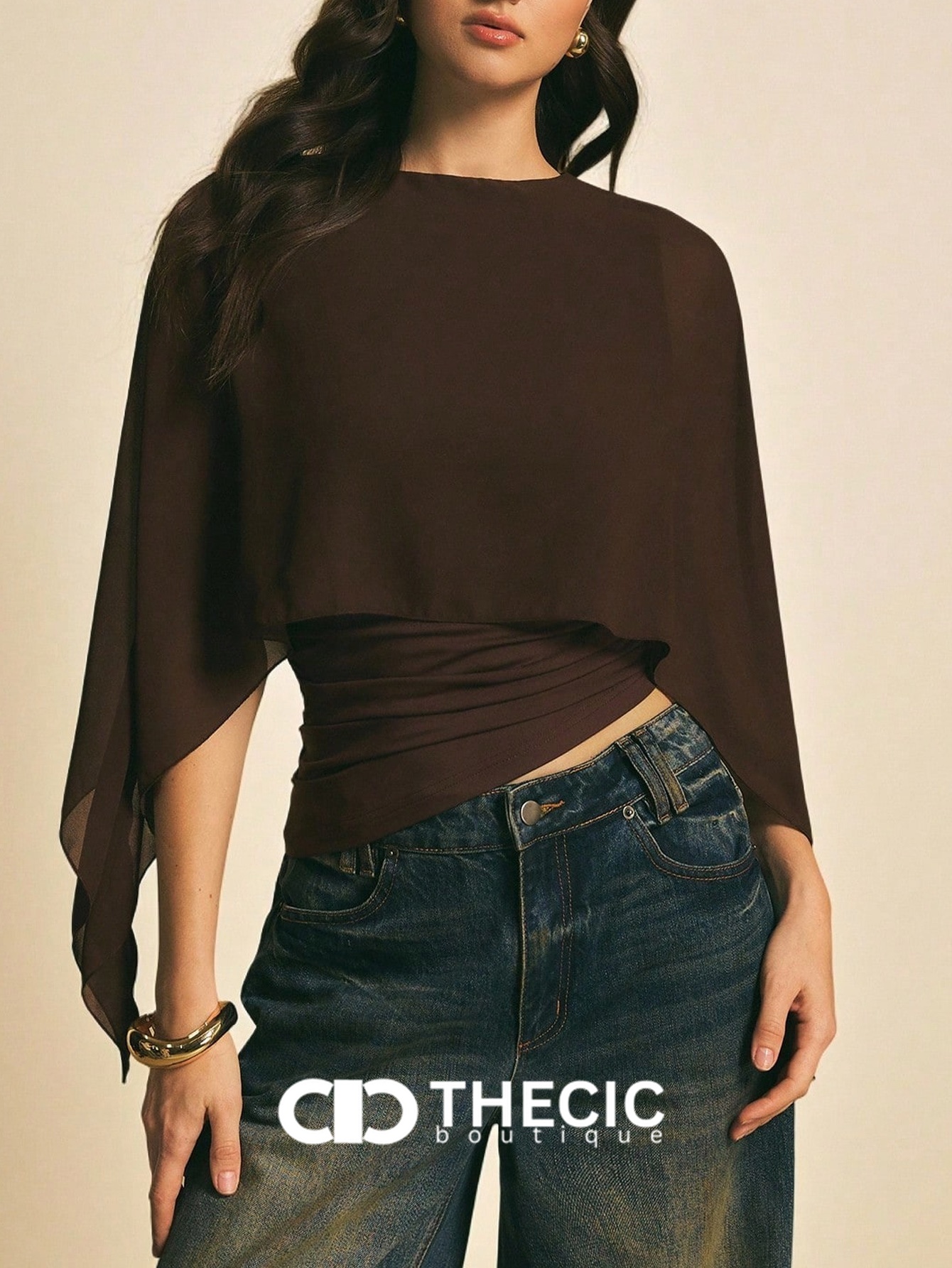 Chiffon Draped Overlay Boat Neck Wrapped Waist Blouse