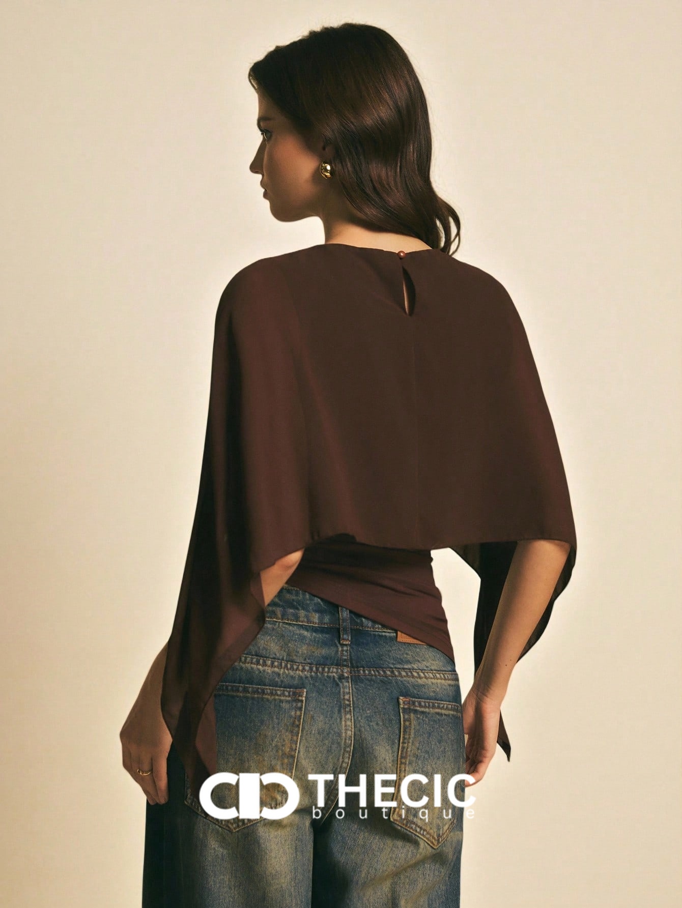 Chiffon Draped Overlay Boat Neck Wrapped Waist Blouse