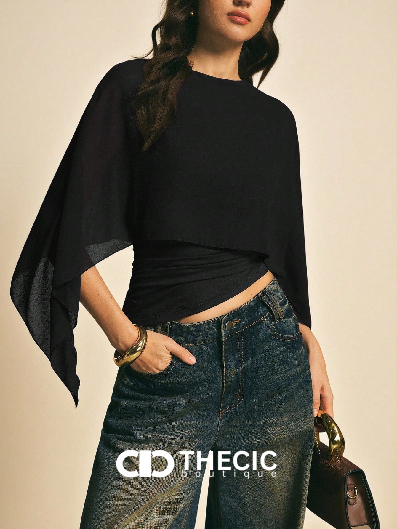 Chiffon Draped Overlay Boat Neck Wrapped Waist Blouse