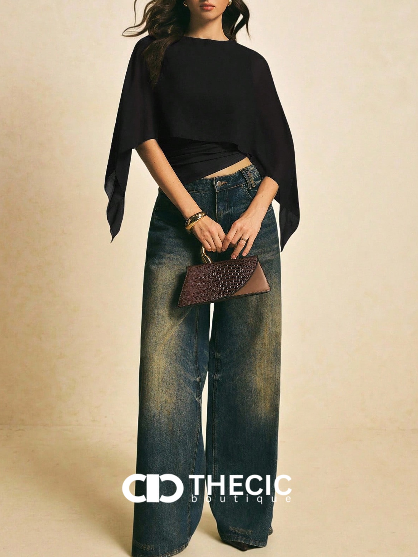Chiffon Draped Overlay Boat Neck Wrapped Waist Blouse