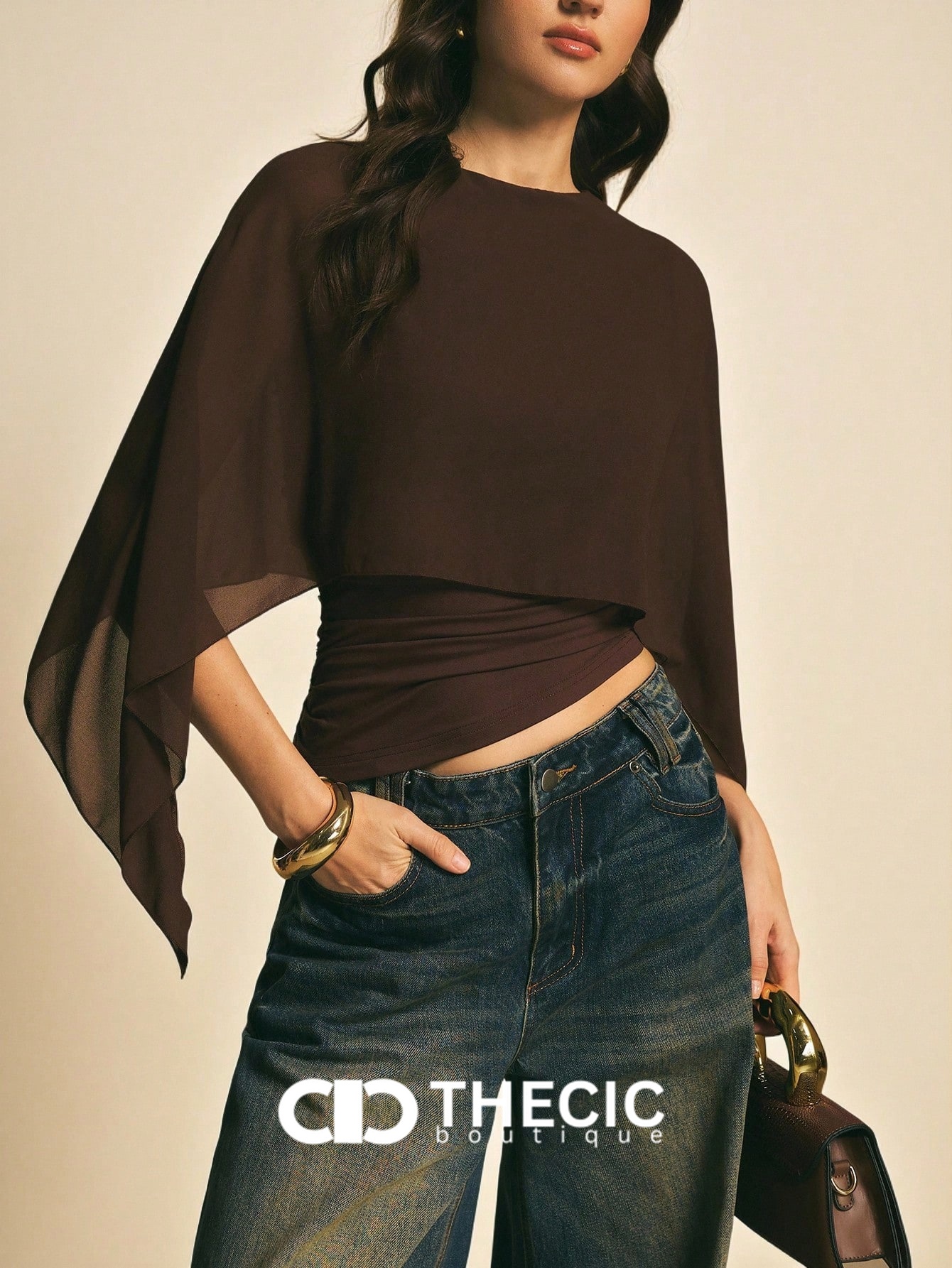 Chiffon Draped Overlay Boat Neck Wrapped Waist Blouse