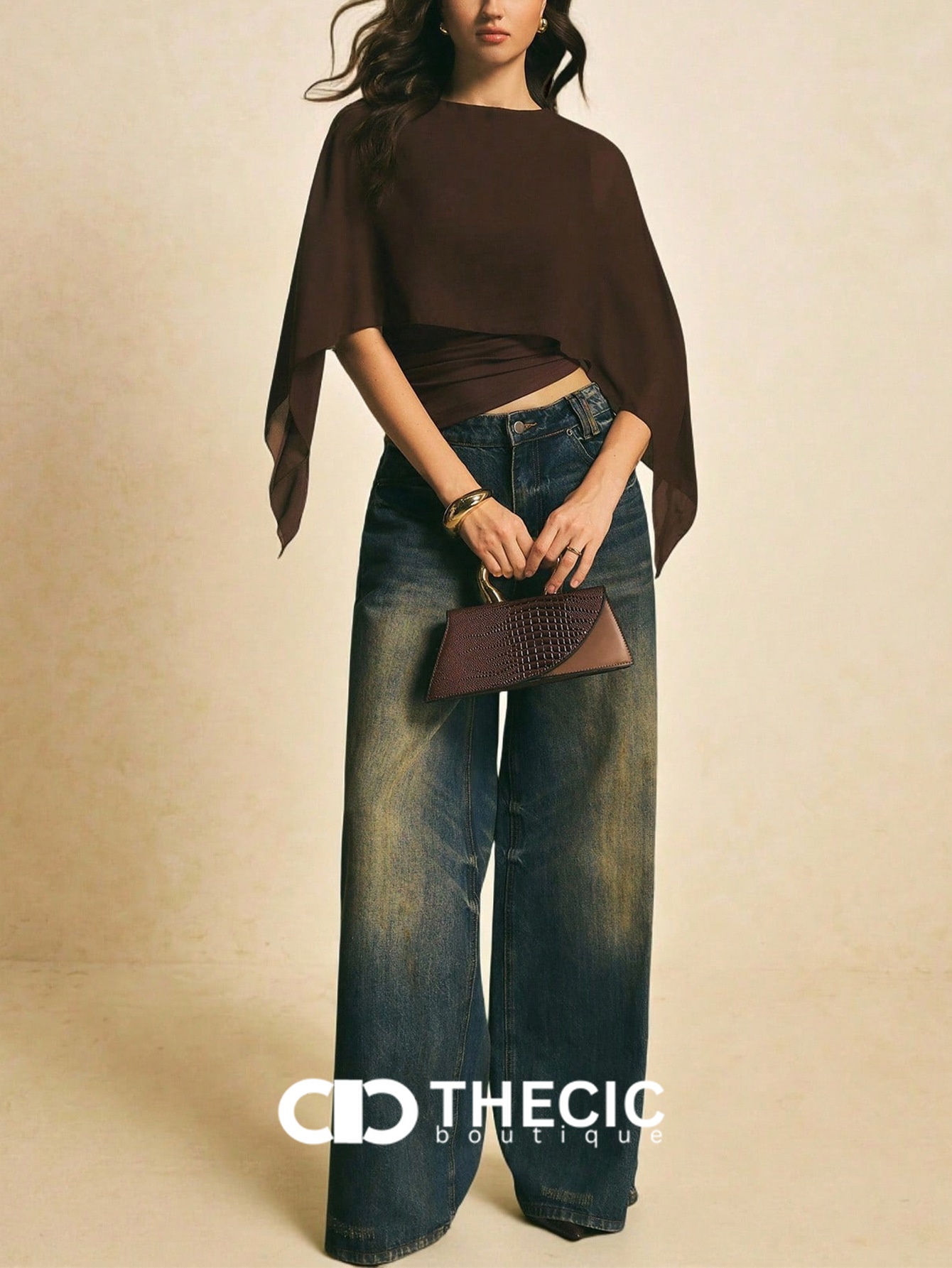 Chiffon Draped Overlay Boat Neck Wrapped Waist Blouse