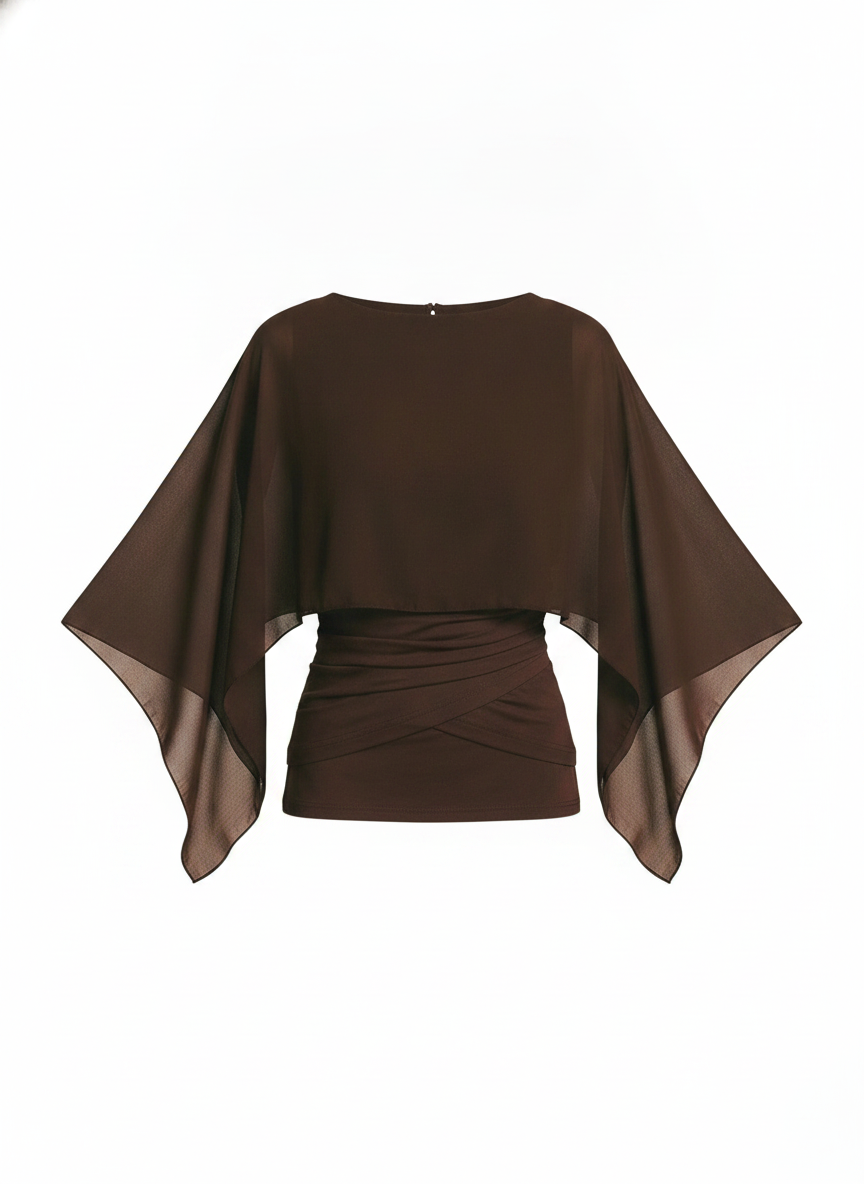 Chiffon Draped Overlay Boat Neck Wrapped Waist Blouse