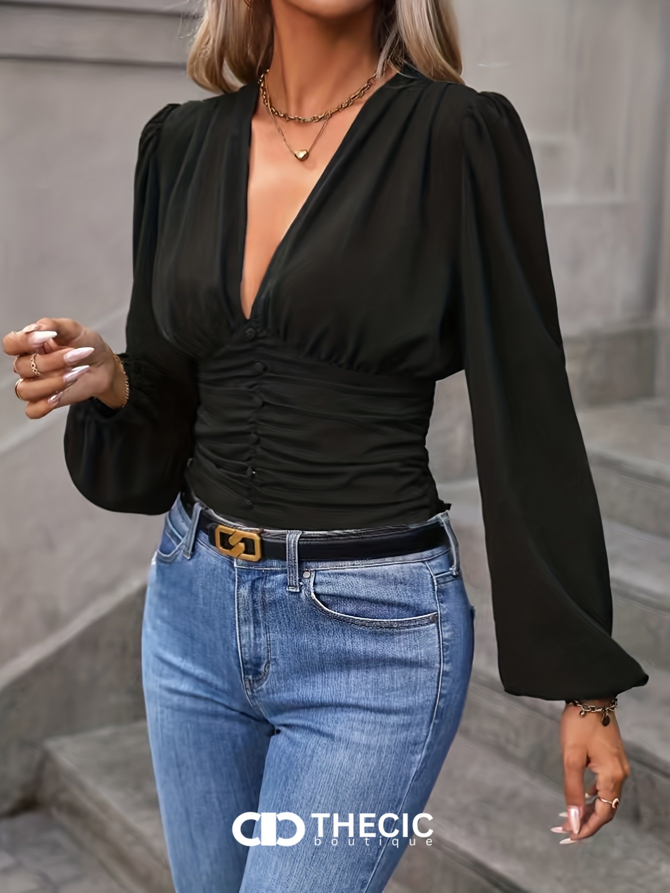 Chiffon V-Neck Ruched Bodice Puff Sleeve Top