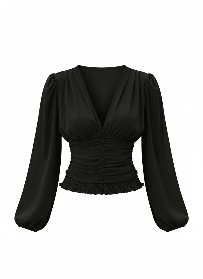 Chiffon V-Neck Ruched Bodice Puff Sleeve Top