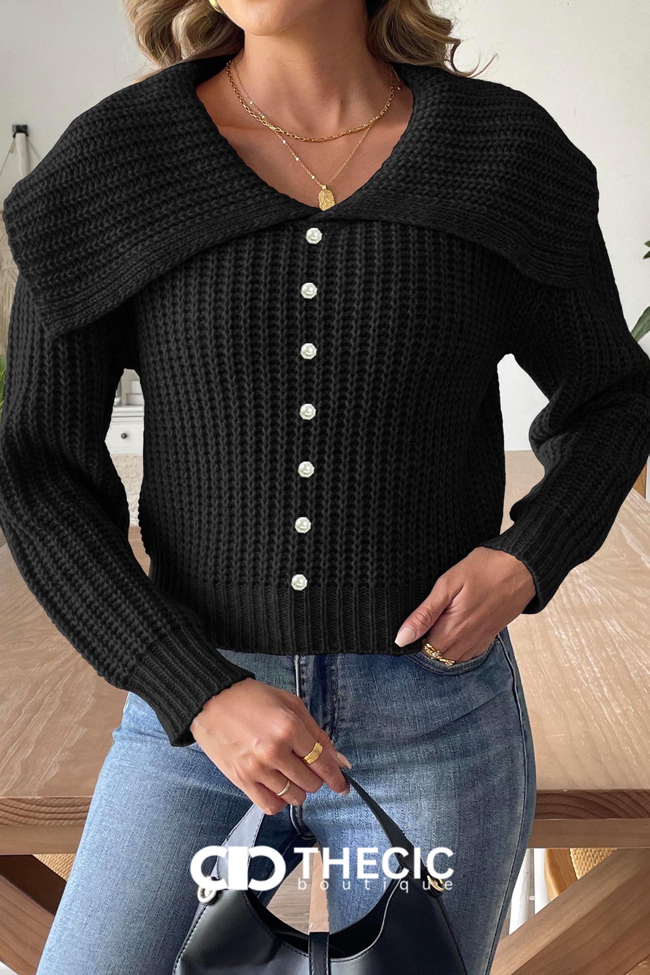 Chunky Knit Wide Collar Pearl Button Cardigan