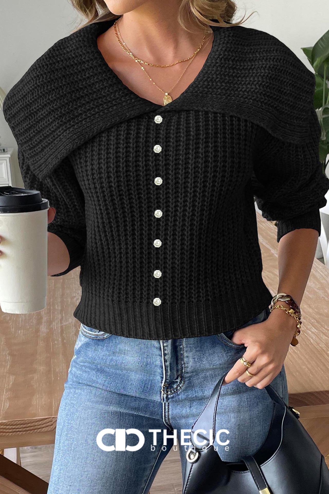 Chunky Knit Wide Collar Pearl Button Cardigan