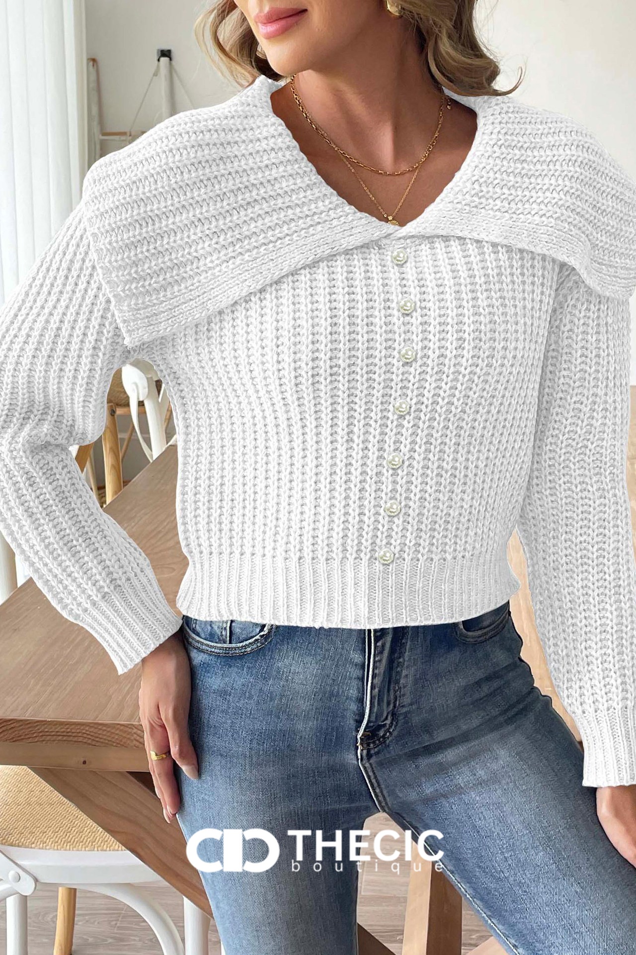Chunky Knit Wide Collar Pearl Button Cardigan
