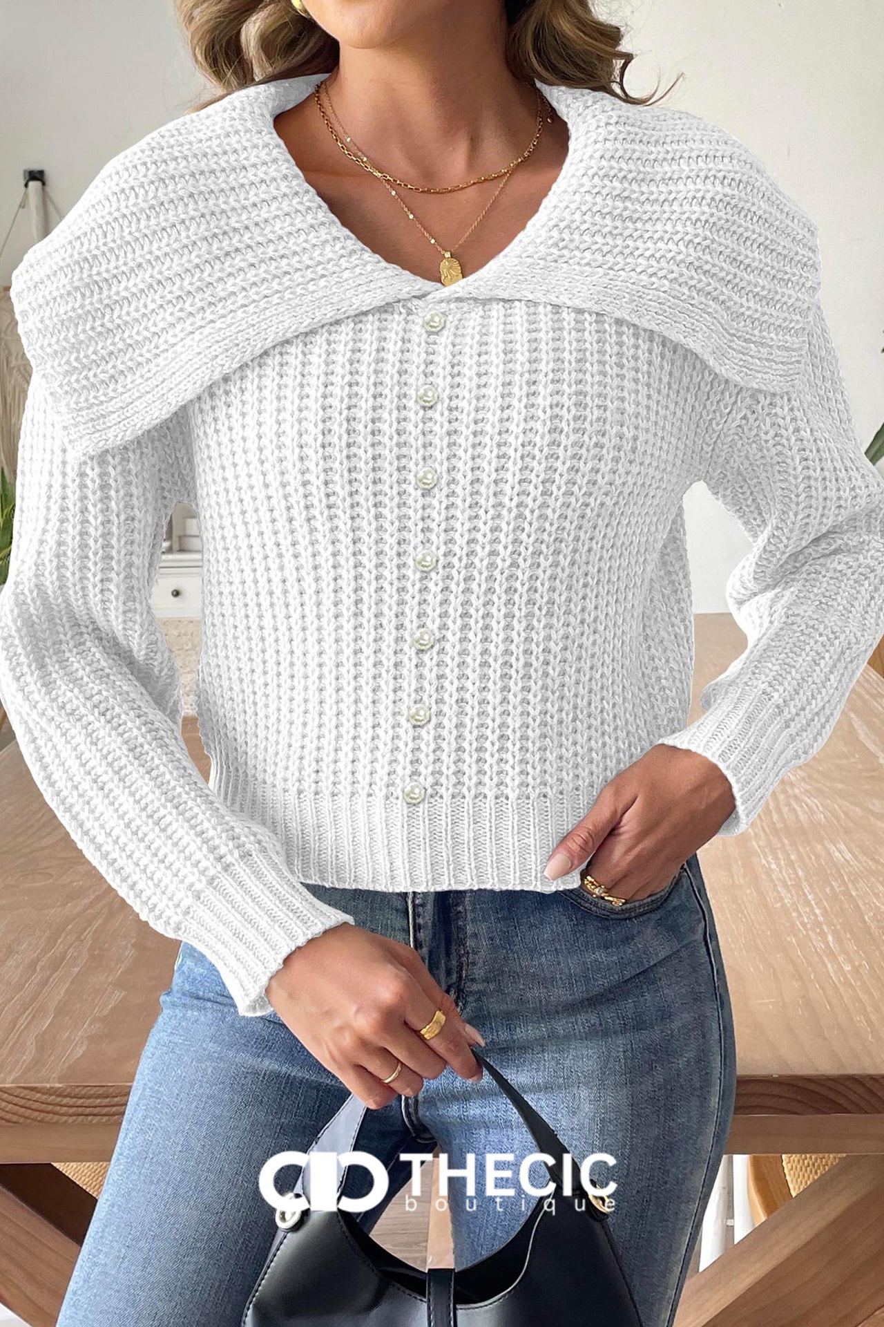Chunky Knit Wide Collar Pearl Button Cardigan