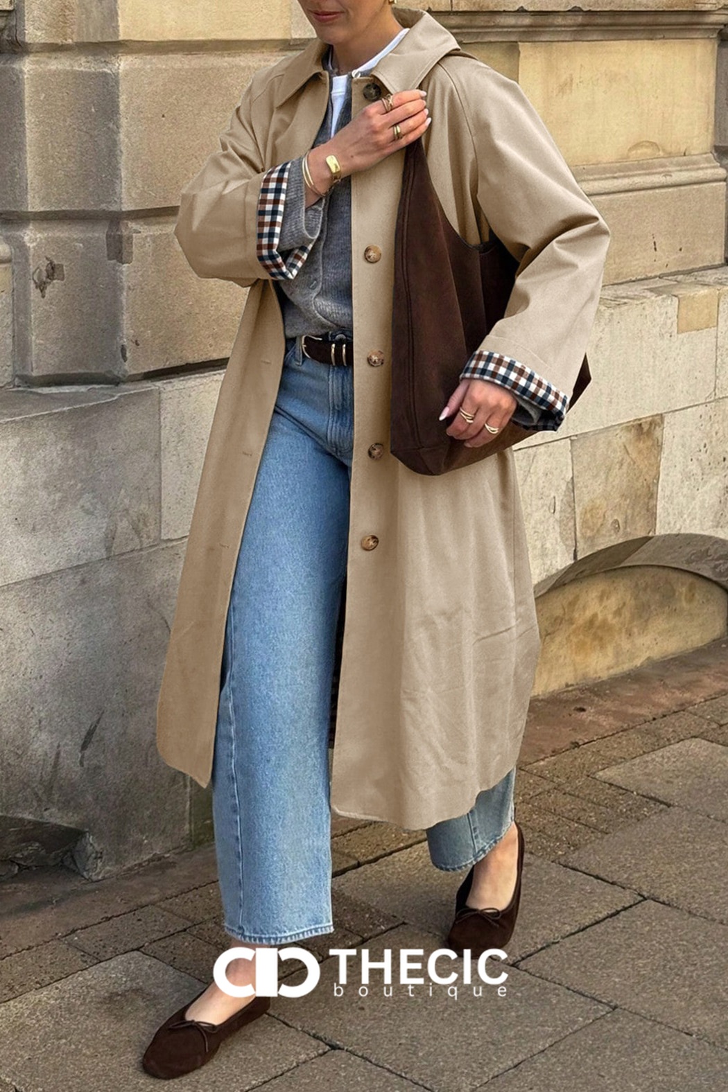 Classic Collar Checkered Cuff Longline Trench Coat