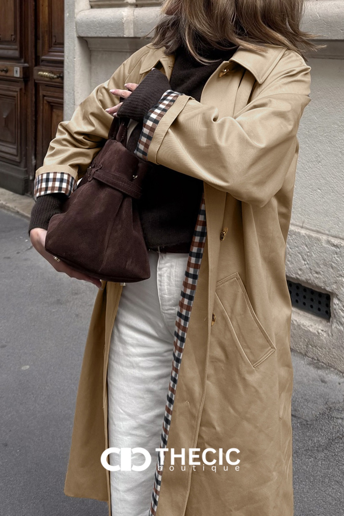 Classic Collar Checkered Cuff Longline Trench Coat