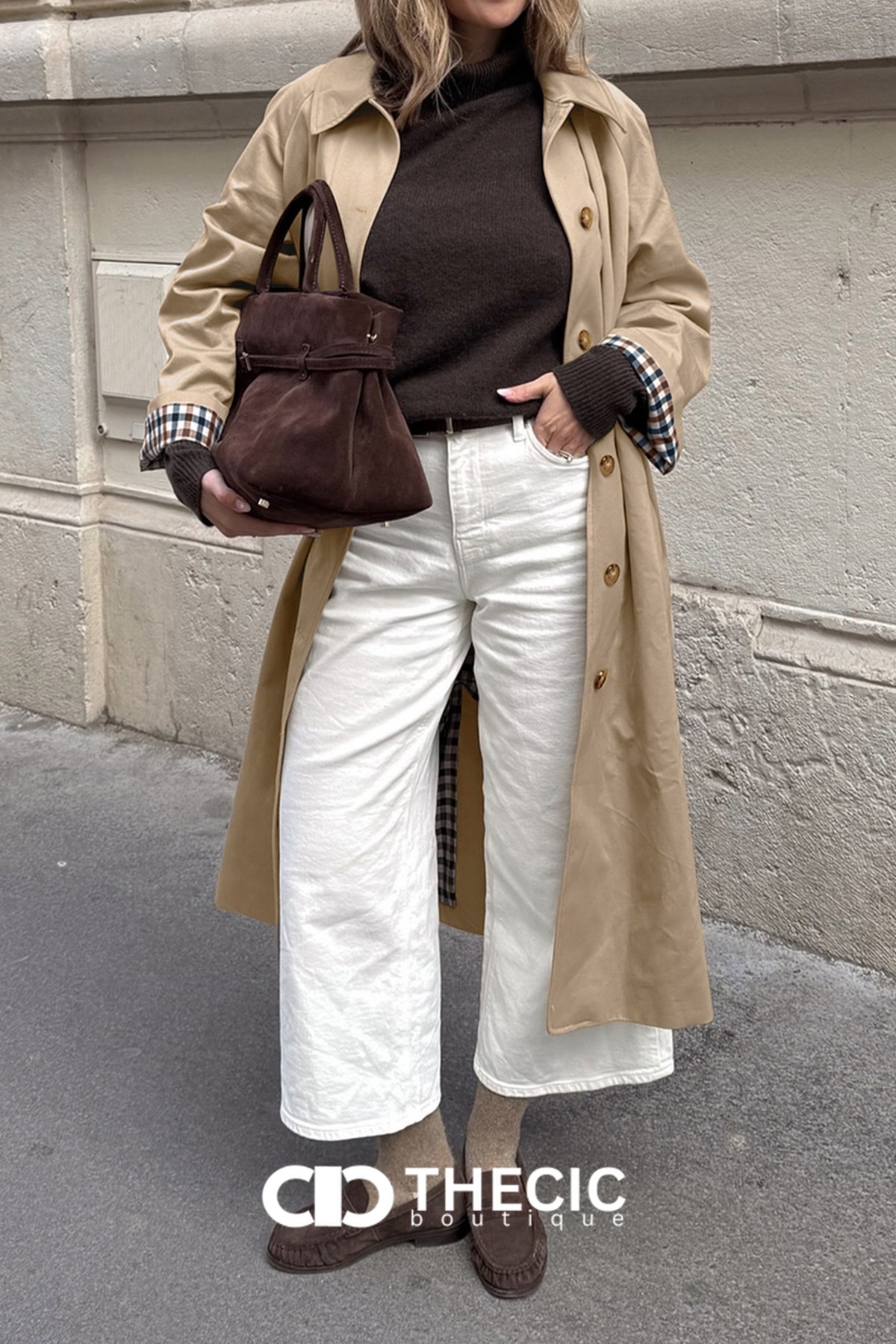 Classic Collar Checkered Cuff Longline Trench Coat