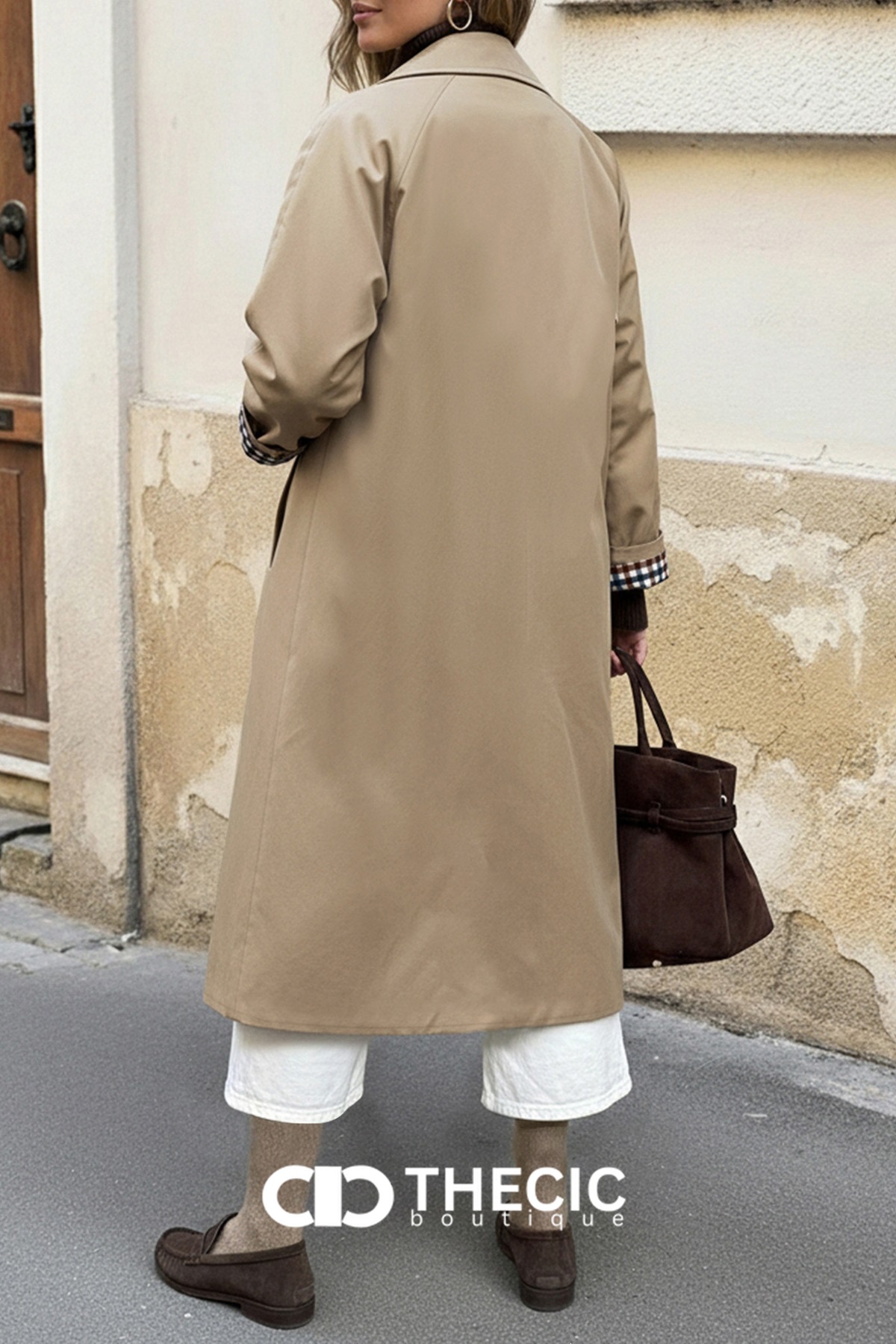 Classic Collar Checkered Cuff Longline Trench Coat