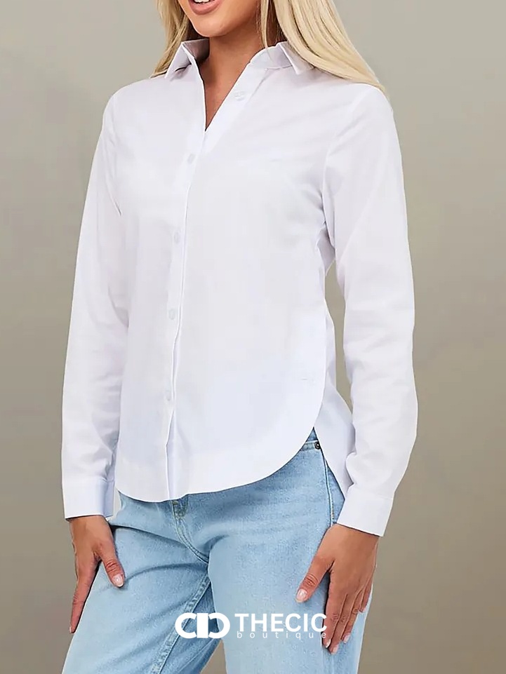 Classic Collared Button-Down Curved Hem Blouse
