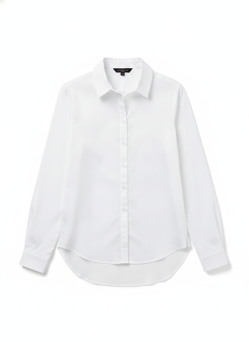 Classic Collared Button-Down Curved Hem Blouse