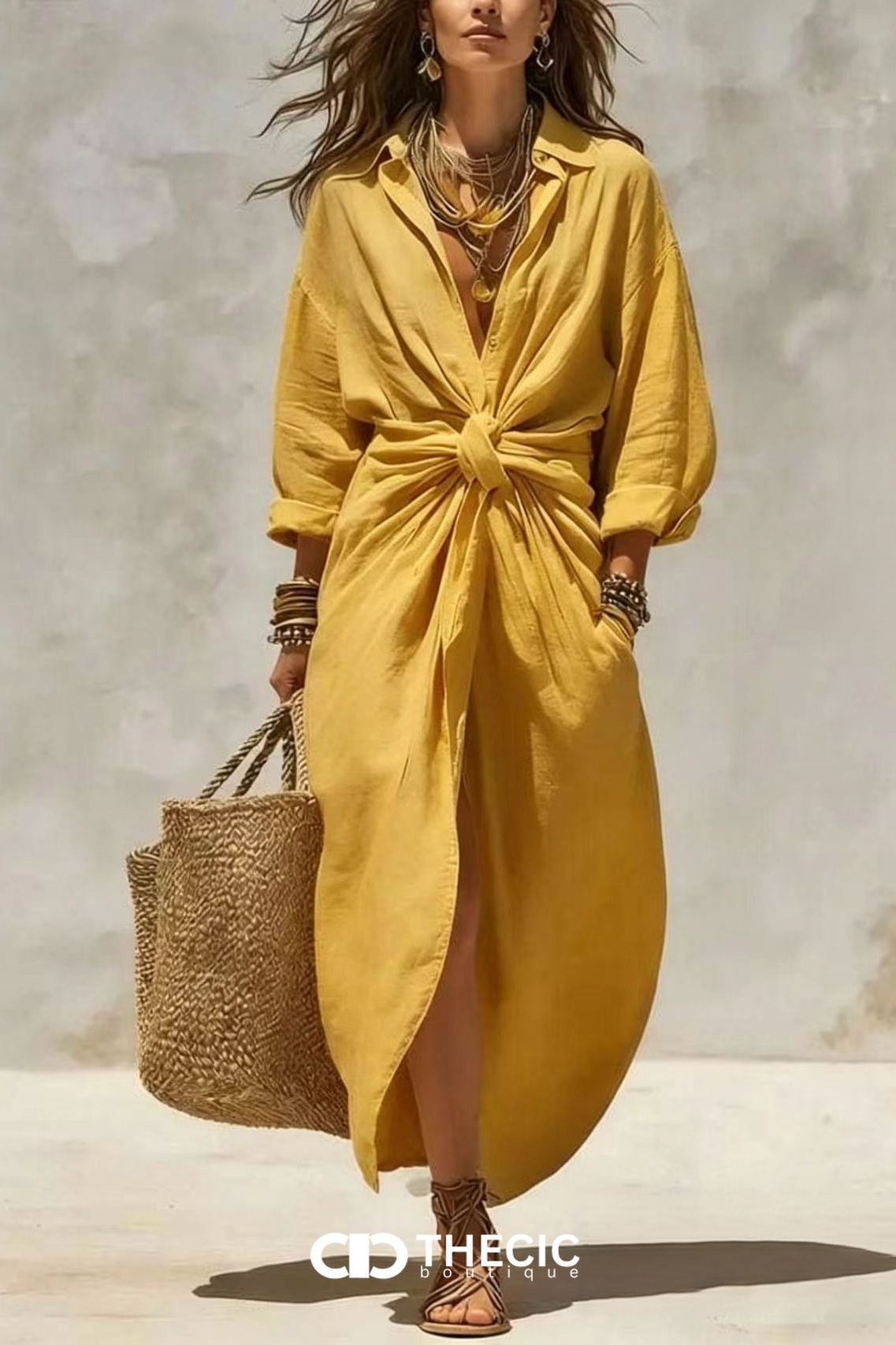 Collared Button-Front Knotted Waist Maxi Dress