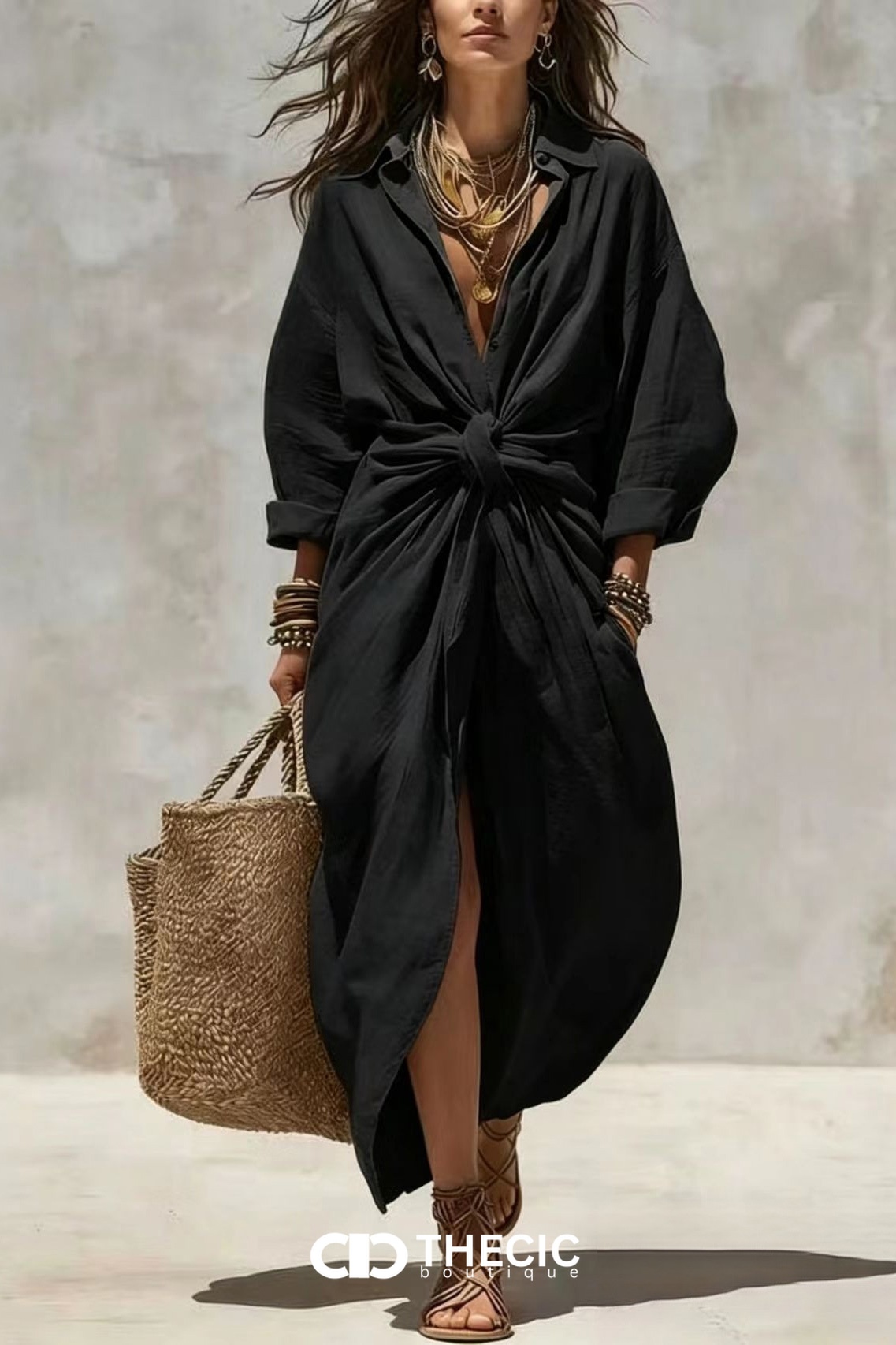 Collared Button-Front Knotted Waist Maxi Dress