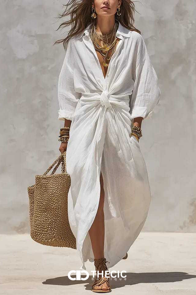 Collared Button-Front Knotted Waist Maxi Dress