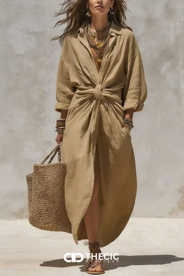 Collared Button-Front Knotted Waist Maxi Dress