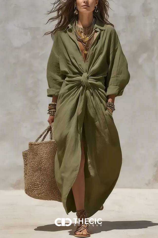 Collared Button-Front Knotted Waist Maxi Dress