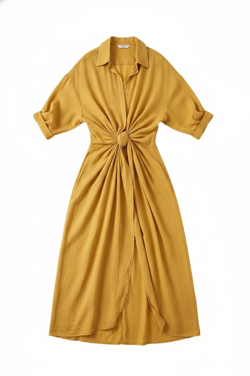 Collared Button-Front Knotted Waist Maxi Dress
