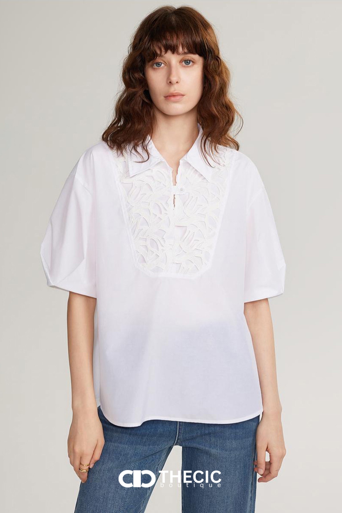 Collared Embroidered Cutout Puff Sleeve Blouse