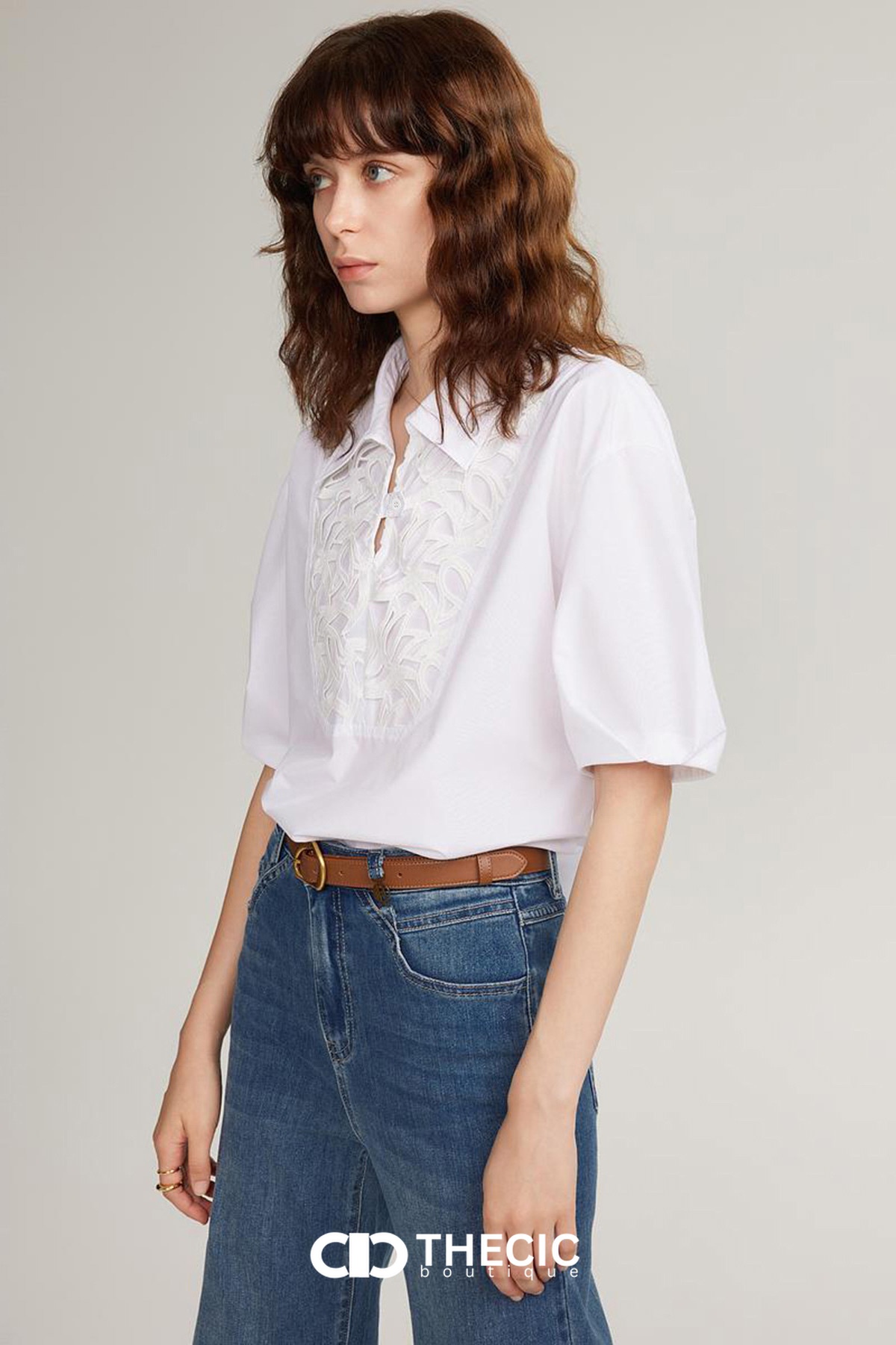 Collared Embroidered Cutout Puff Sleeve Blouse