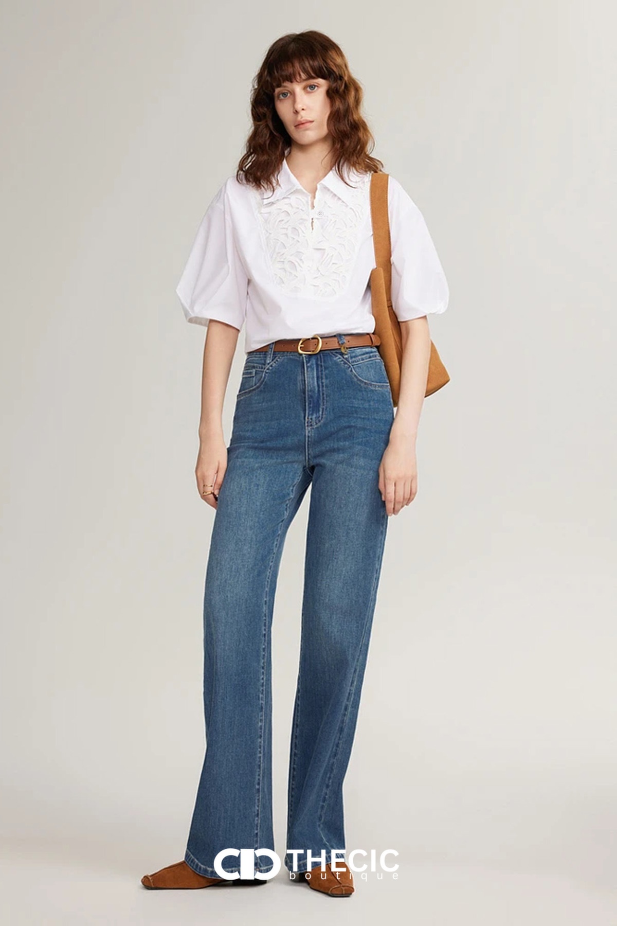 Collared Embroidered Cutout Puff Sleeve Blouse