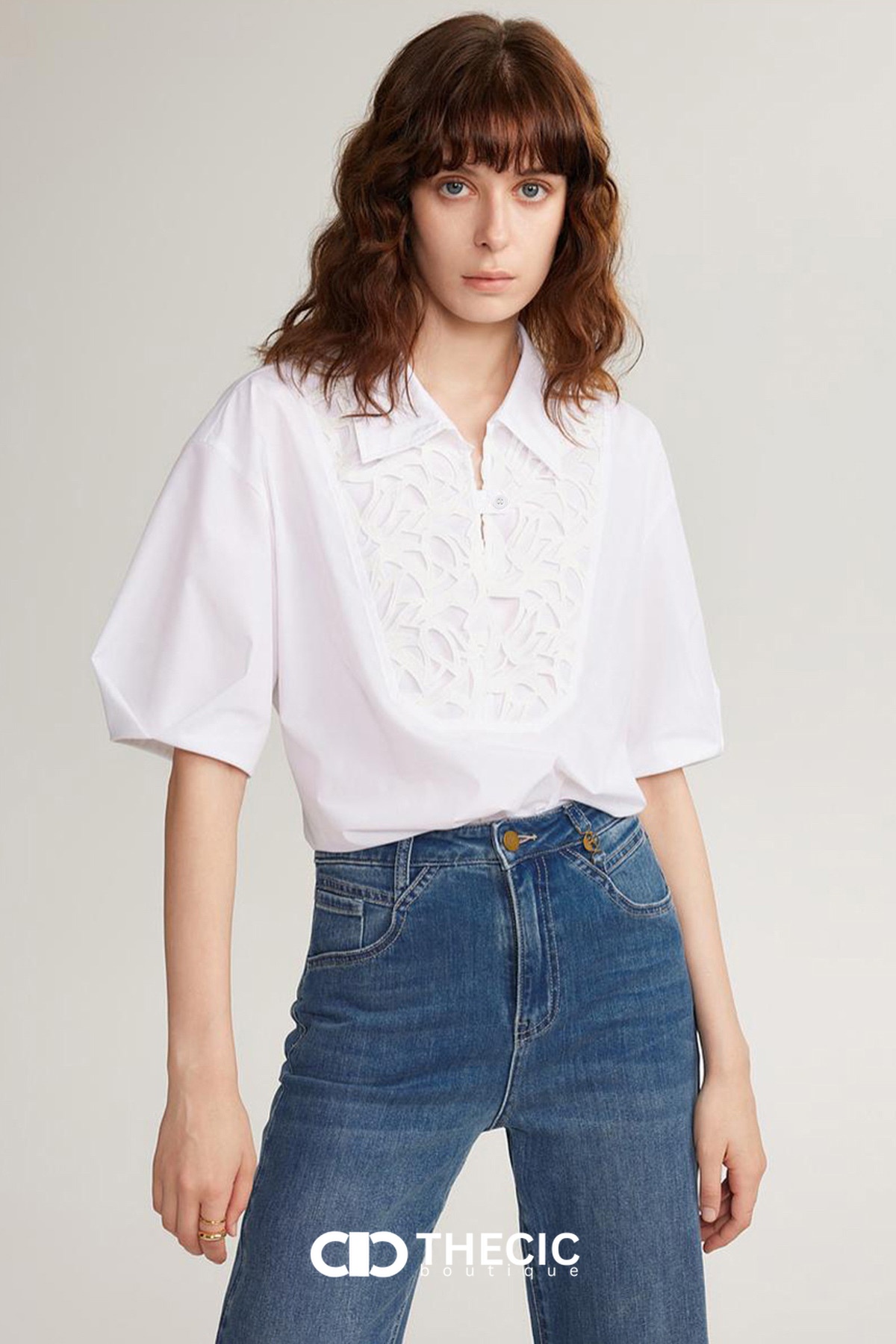 Collared Embroidered Cutout Puff Sleeve Blouse