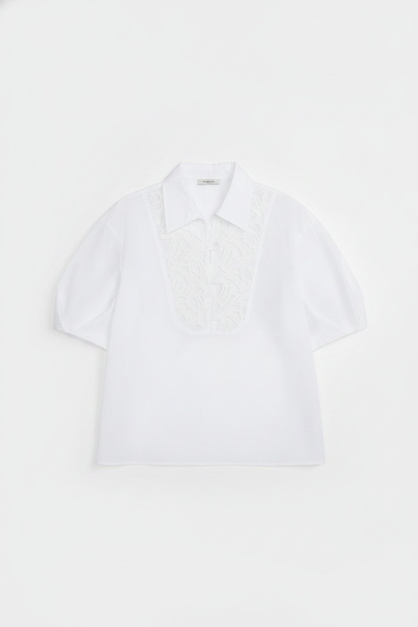 Collared Embroidered Cutout Puff Sleeve Blouse