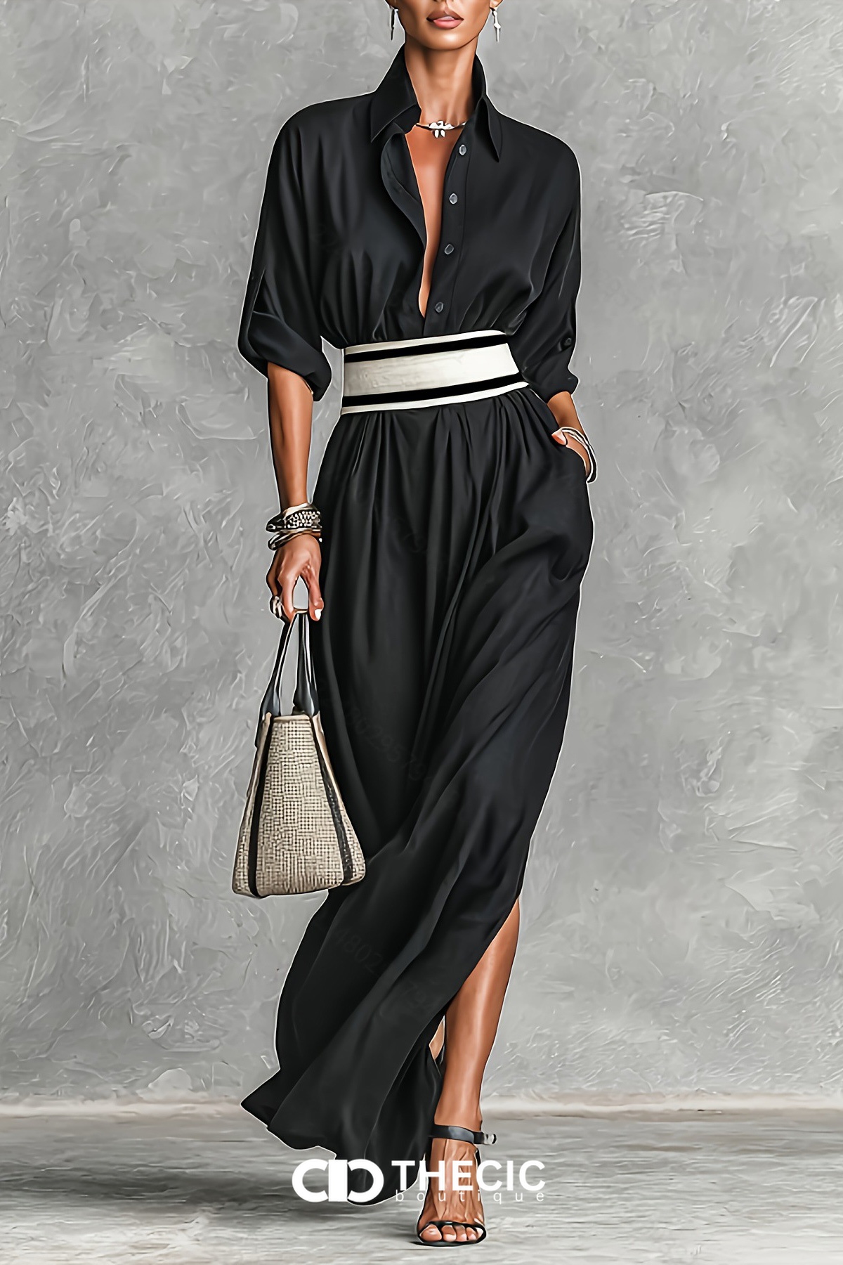 Collared Roll-Up Sleeve Belted Split Hem Maxi Dress