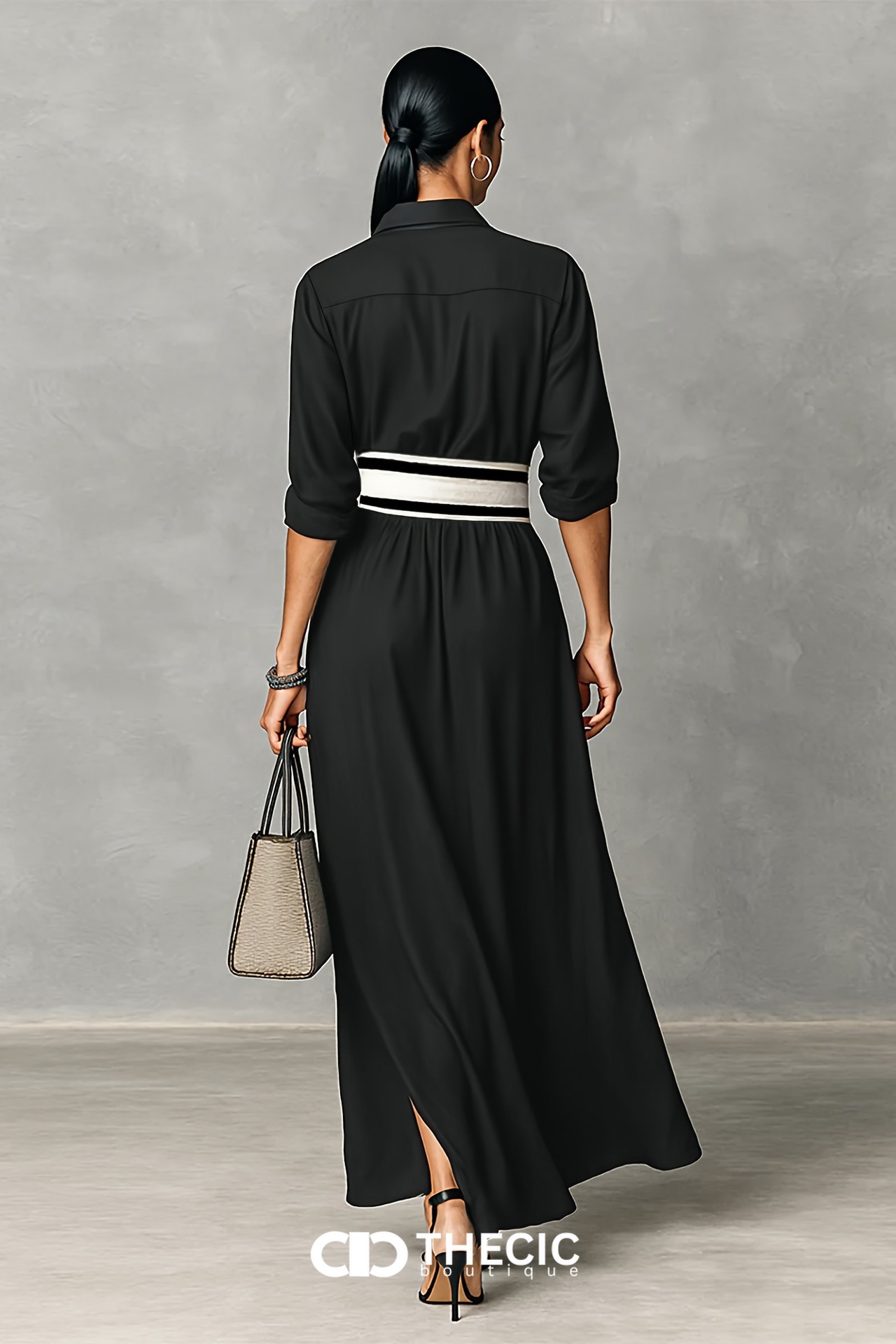 Collared Roll-Up Sleeve Belted Split Hem Maxi Dress
